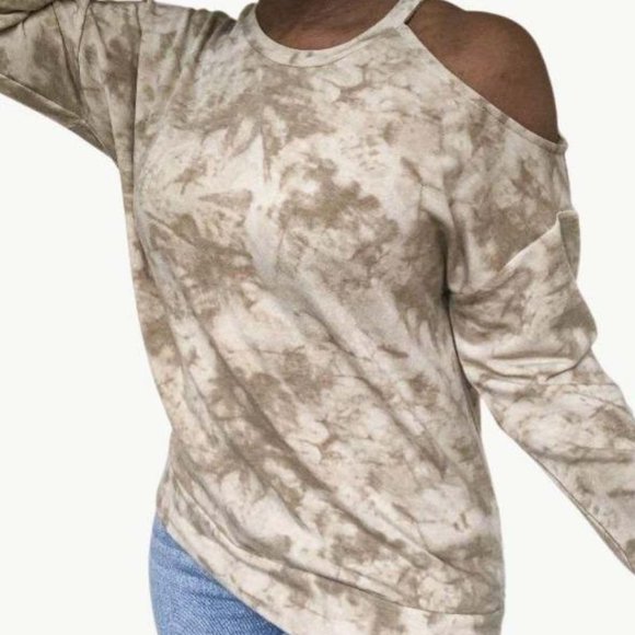 (NWT) Tan Tie Dye Print Cold Shoulder Top - Picture 2 of 4